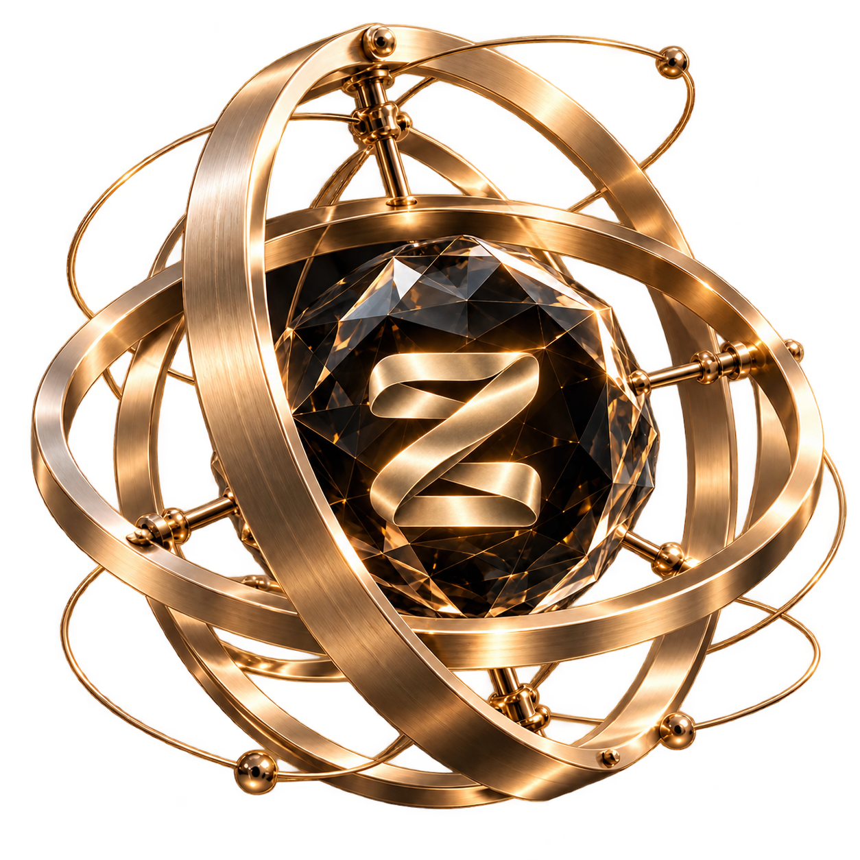 Zella Core: a folded champagne-gold ribbon Z inside faceted dark crystal and champagne-gold orbital rings